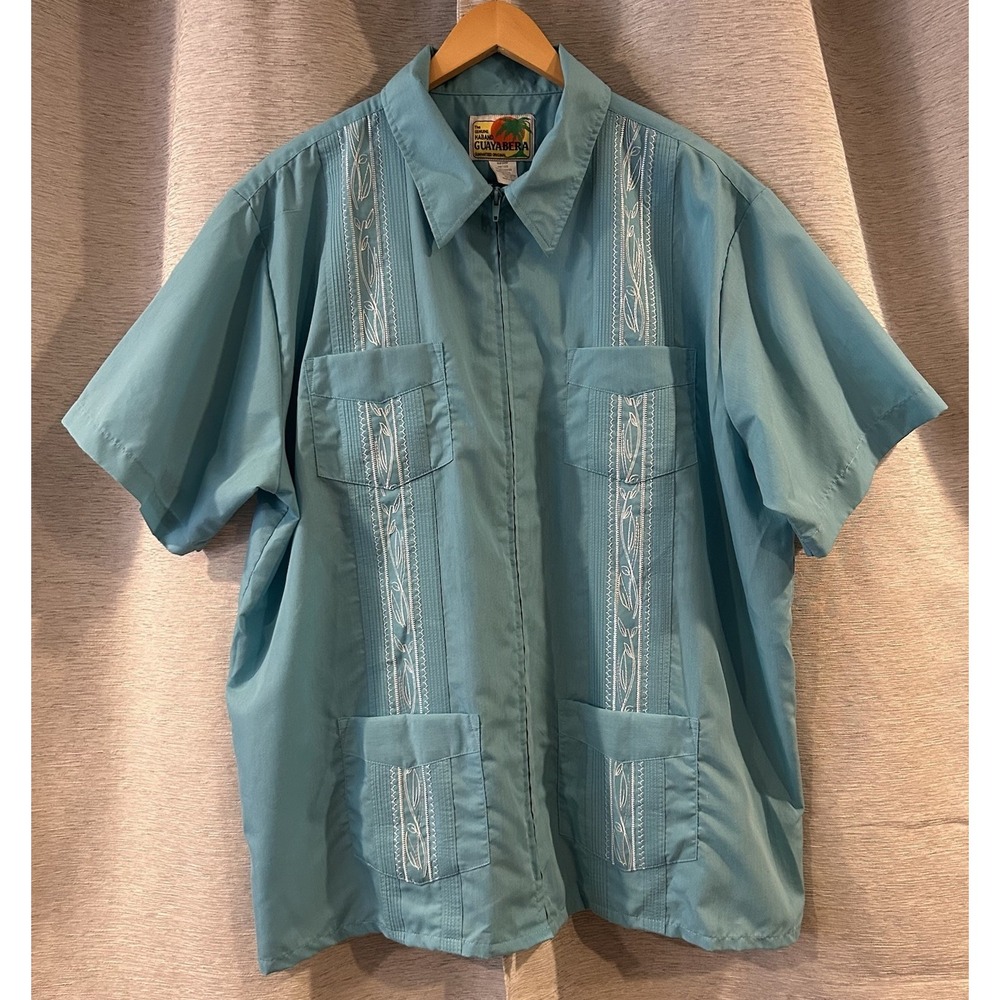 The‎ Genuine Haband Guayabera Shirt Men's XL Sky Blue Zip Front Embroidered